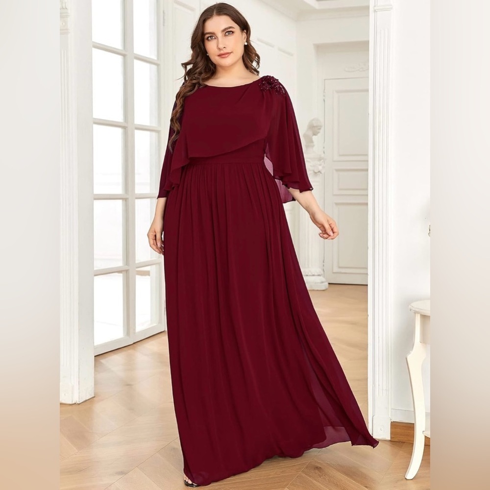 Burgundy Formal Chiffon Cape A-Line Mother of The Bride Dress US16